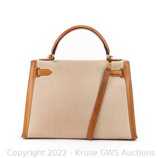 1950s Hermes Tan Leather and Canvas Vintage Kelly Retourne 32 at 1stDibs