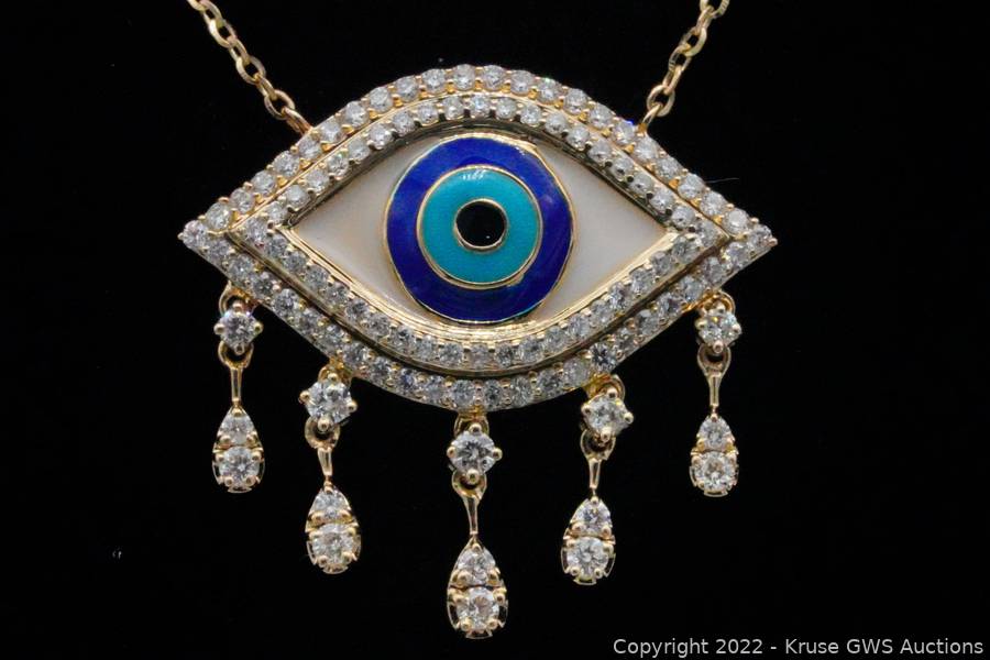 14K Yellow Gold, Diamond and Enamel Evil Eye Necklace Auction