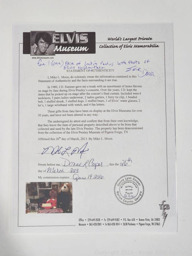 Elvis Presley's Ladies Underwear Thrown on Stage by Fan Auction