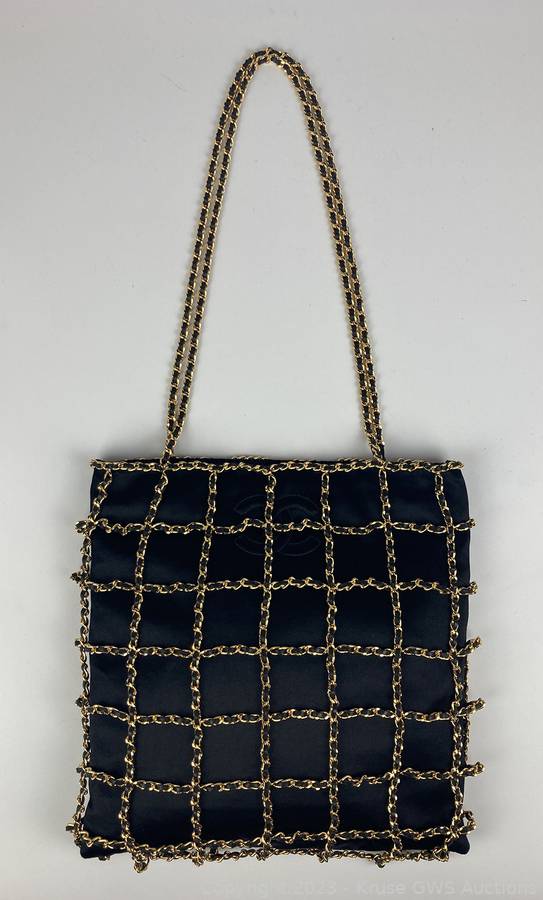 Chanel Vintage Black Silk Chain Cage Evening Bag