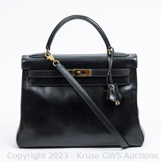 Great Condition Hermes 32cm Black Box Leather Shoulder Kelly Handbag, Year 1998