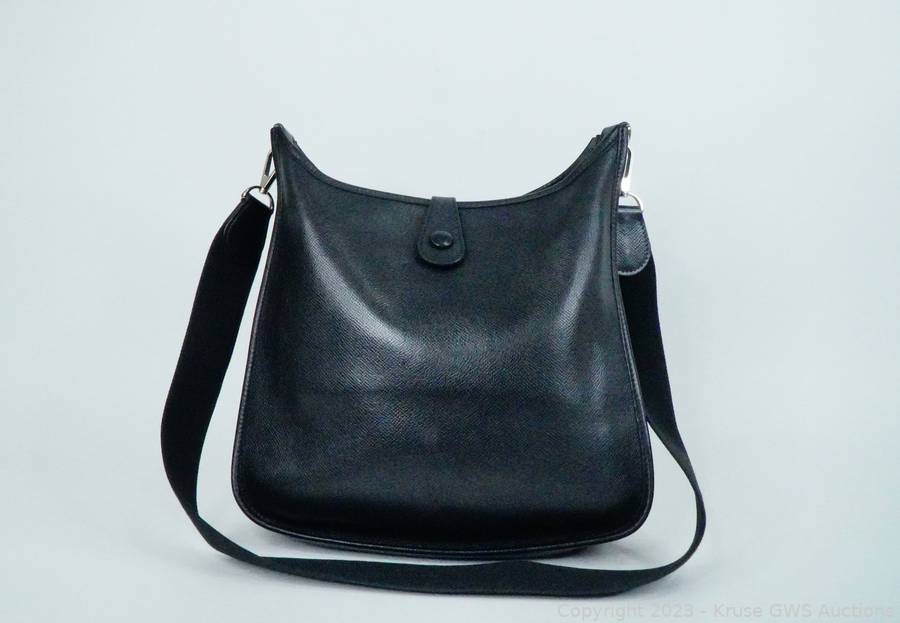 At Auction: Hermes Black Epsom Leather Evelyne I PM Messenger Bag