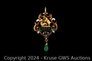 17th Century 18K Yellow Gold, Emerald and Enamel Pendant Auction