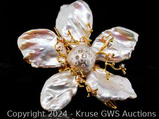 Russell Trusso Diamond, Pearl, 18K Flower Brooch Auction