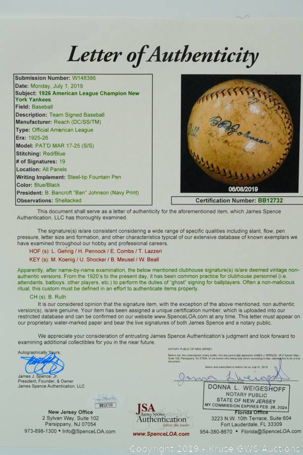 1926 New York Yankees Team Signed Baseball from The Lou Gehrig, Lot #80001