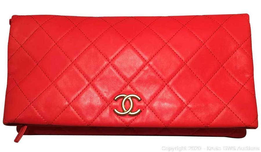 Sold at Auction: Chanel Red Quilted Leather CC Fold Over Clutch