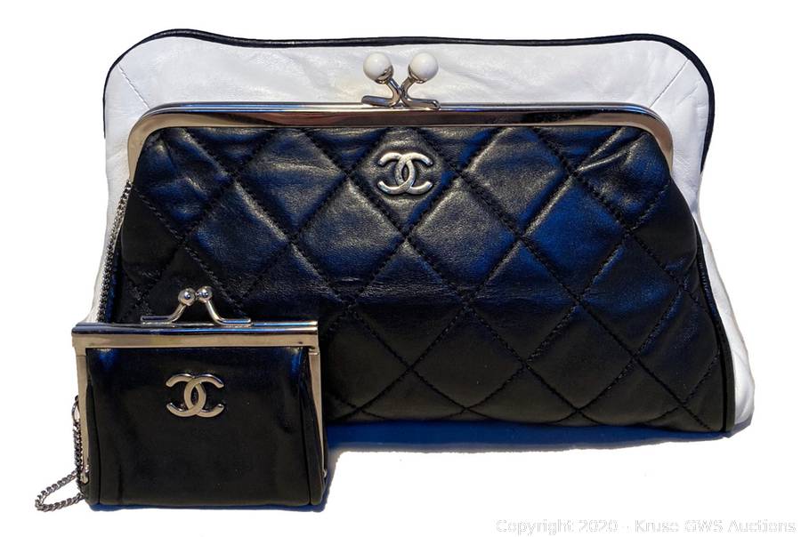 Chanel Black & White Leather Kiss Lock Clutch Auction