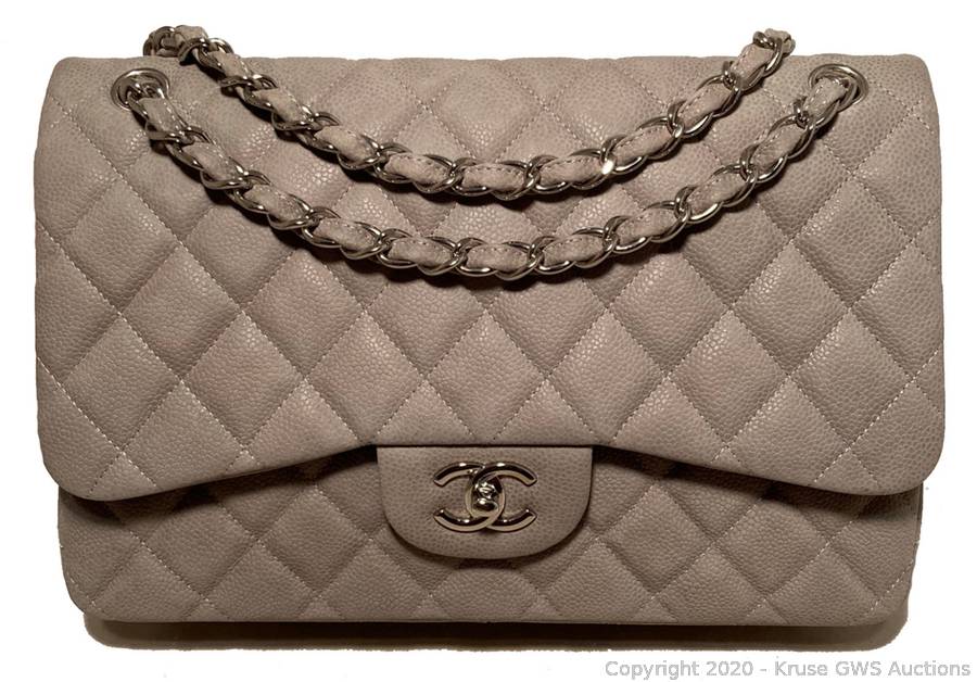 Chanel, Large classic flap bag with silver hardware in elephant