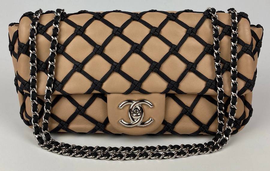 Chanel White/Black Leather Canebiers Jumbo Flap Bag